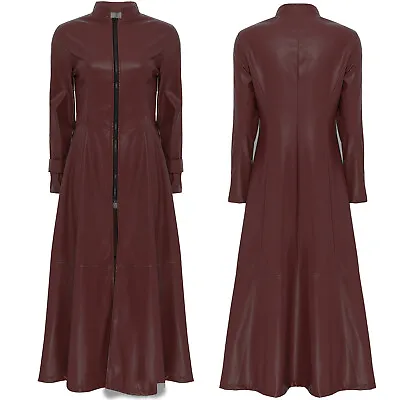 Buy UK Women PU Leather Long Jacket Stand Collar Long Sleeve Zipper Overcoat Outwear • 38.99£