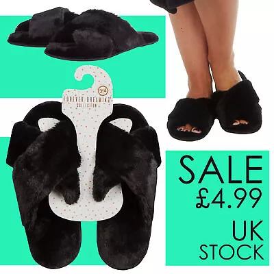 Buy Womens Slippers Cross Over Black Slip On Open Toe Slippers Fluffy 3 4 5 6 7 8 • 4.99£