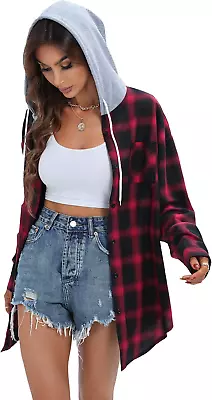Buy Womens Oversized Flannel Shirts Hoodies Long Sleeve Button Down Boyfriend Checke • 43.06£
