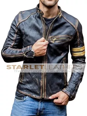 Buy Men’s Motorcycle Biker Vintage Cafe Racer Distressed Black Real Leather Jacket | • 44.99£