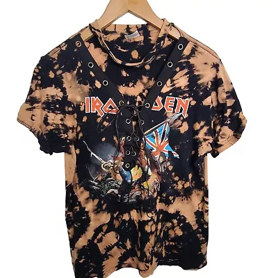 Buy Iron Maiden Womens Bleach Tie Dye & Cut Lace Up T-Shirt SZ M Pacific *Read* • 23.60£