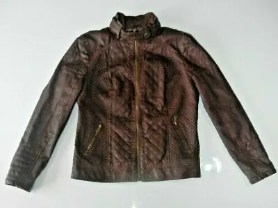 Buy Womens Authentic GUESS Leather Look PU Biker Jacket Burgundy LARGE • 22.99£