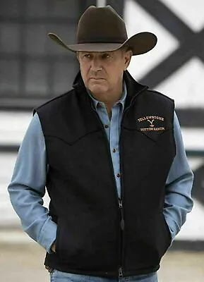Buy Men's Vest Yellowstone Kevin Costner John Dutton BLACK WOOL COTTON VEST JACKET • 37£