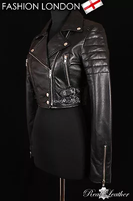 Buy PROVOCATIVE Cropped Ladies Leather Jacket Black Biker Rock Style Short Jacket • 67.31£