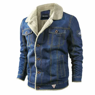 Buy Mens Fleece Lined Winter Warm Jean Coat Trucker Denim Jacket Fur Lapel Collar • 45.02£