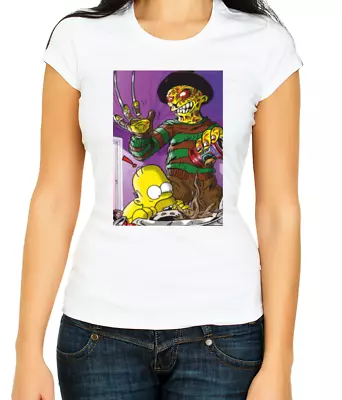Buy The Simpsons Homer Freddy Krueger Women 3/4 Short Sleeve T-Shirt L211 • 9.98£
