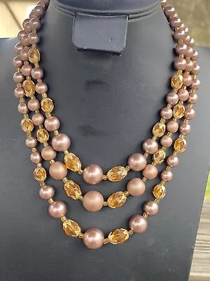Buy VTG Rose Gold Faux Pearl & Orange Lucite Beaded Costume Jewelry Necklace Japan • 1.81£