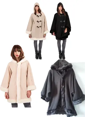 Buy  Womens Hooded Cape Wrap Jacket Faux Fur Trim Ladies Coat One Size Black Cream • 12£