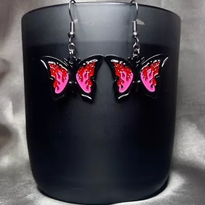 Buy Handmade Black Pink Red Flame Butterfly Earrings Gothic Gift Jewellery • 45£
