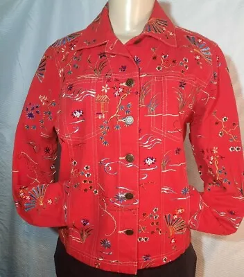 Buy Red Jean Jacket Trucker Style  Asian Embroidery Stretch Size S NWOT GW Jeans Co. • 17.10£