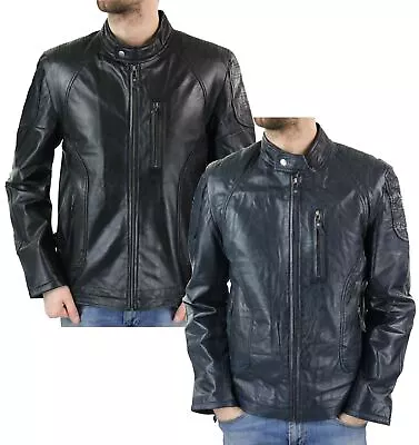 Buy Mens Biker Style Real Leather Blue Black Zipped Jacket Smart Casual Retro • 49.49£