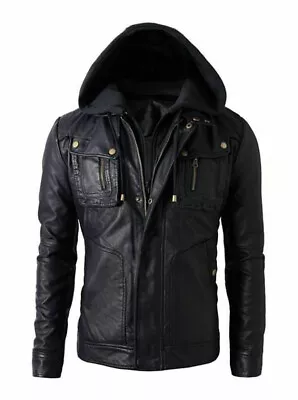 Buy Men's Motorcycle Brando Style Biker Slim Fit Hooded Real Leather Jacket Uk • 24.99£