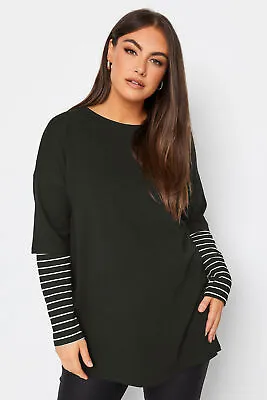Buy YOURS Curve Plus Size Stripe Sleeve Double Layer T-Shirt • 26.99£