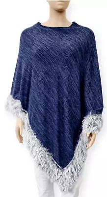 Buy Pretty  Light Weight Blue Poncho With Faux Fur Trim • 16.95£