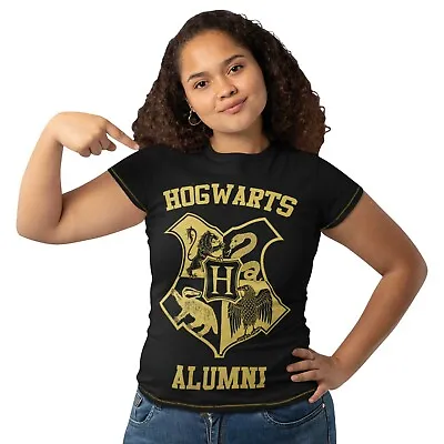 Buy Harry Potter T-Shirt Ladies Women's Short Sleeve Top Black Gold Hogwarts • 11.99£