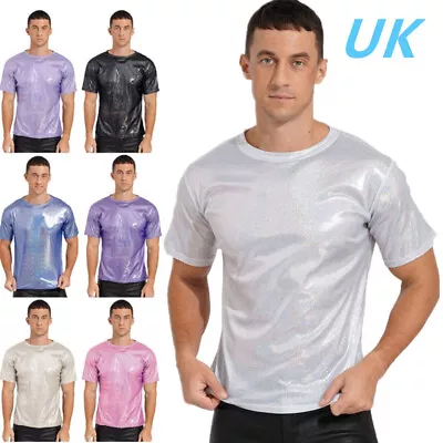 Buy Mens Shiny Metallic Undershirt Short Sleeve Round Neck T-shirt Sparkle Clubwear • 12.59£