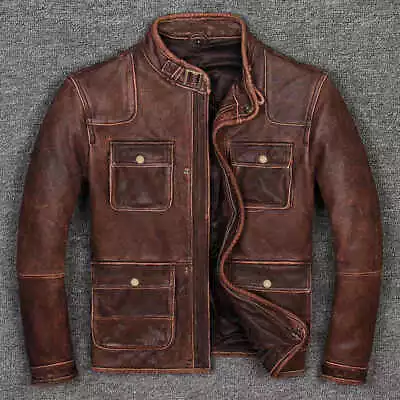 Buy Mens Biker Cafe Racer Vintage Motorcycle Distressed Brown Cowhide Leather Jacket • 24£