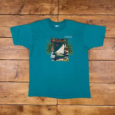 Buy Vintage Single Stitch T Shirt Graphic XL 90s USA Made Hawaii Beach Blue Tee • 24.99£