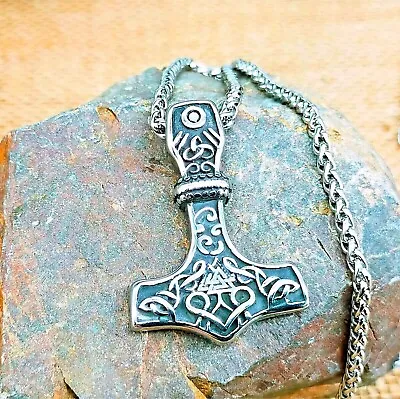 Buy Viking Thors Hammer Necklace, Mjolnir Stainless Steel Amulet Protection Necklace • 12.95£