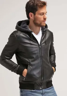 Buy New Men's Motorcycle Black Biker Real Leather Hoodie Jacket Coat - Detach Hood • 67.77£