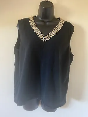 Buy Black Stretchy Top Wooden Beaded Neck Detail Size 18 • 1.50£