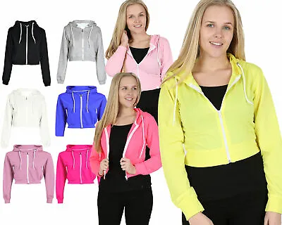 Buy Women's Ladies Plain Cropped Hoodie Hooded Tops Sweatshirt Zip Up Jacket Jumper • 13.99£