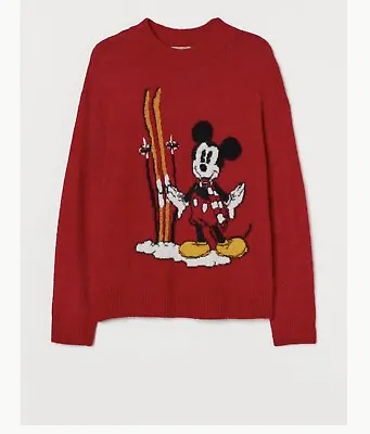 Buy H&M Red Wool Blend Disney Mickey Mouse Christmas Long Sleeve Jumper Size L UK • 10.39£