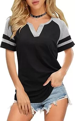 Buy Women's V Neck Color Block Raglan Short Sleeve T Shirt Summer Casual Baseball Bl • 18.89£