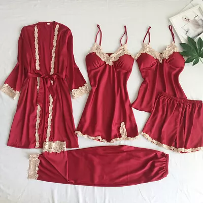 Buy 5Pcs Women Soft Satin Pyjamas Nightwear Set Ladies Lace Silk Sleepwear Lingerie • 5.89£