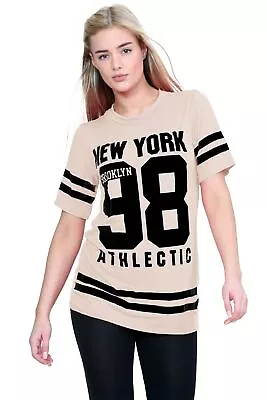 Buy Ladies Oversized T Shirt Varsity NewYork 98 Brooklyn Stripe T-Shirt Baseball Top • 7.41£
