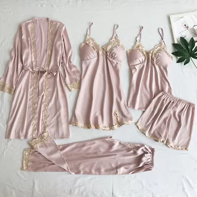 Buy 5PCS Women Lace Satin Silk Pajamas Set Lingerie Sleepwear Nightwear Loungewear • 18.69£