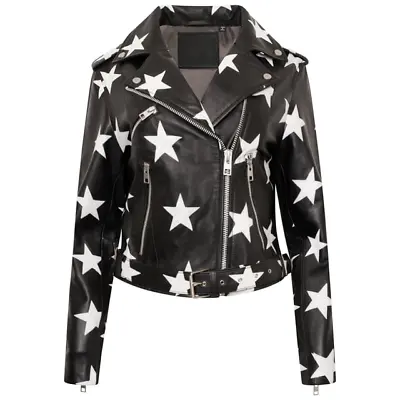 Buy Sheepskin Leather Jacket For Women With Star Print Long Sleeves Jacket In Black • 99.99£