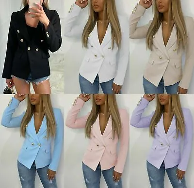 Buy Women’s Ladies Gold Button Double Breasted Padded Shoulder Blazer Outwear Jacket • 24.95£