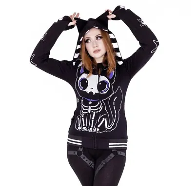 Buy Cupcake Cult Black Which Skeleton Kitty Cat Hood Hoodie Top Paws Stripes Emo XXL • 49.99£