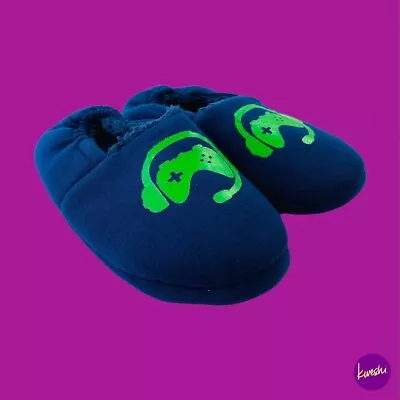 Buy Kids Gaming Fuzzy Slippers, Moccasin Style, Gamer Graphic To Front, Navy,UK 3-4 • 12.99£
