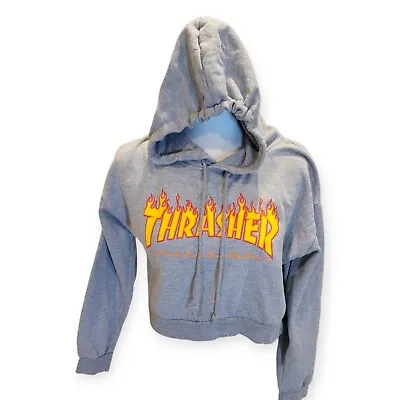 Buy Thrasher Flames Logo Grey Skate Cropped Hooded Pullover Sweatshirt Jr. Small • 12.60£