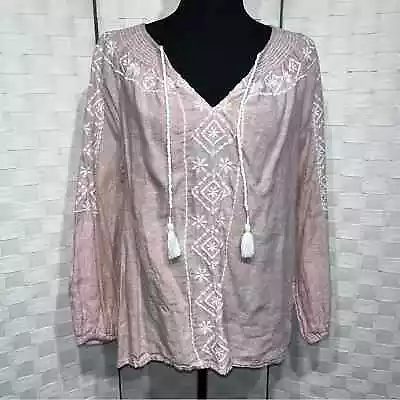 Buy Joie Women’s 100% Linen Peasant Boho Embroidered Top Blouse Size Large Pink Boho • 26.05£