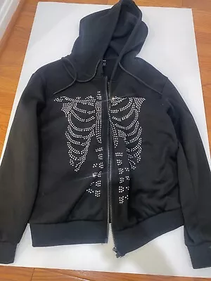 Buy Y2K Rhinestone Skeleton Hoodies Women Gothic Black Zip Up Oversized Sweatshirts • 11.58£