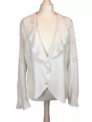 Buy Ghost Crepe Jacket Medium Ivory White Embroidered Cutwork Vintage Fluted Sleeves • 32.99£