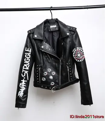 Buy Women's Graffiti Punk Motorcycle Coat Leather Jacket Streetwear Slim Coat Hip • 36.23£
