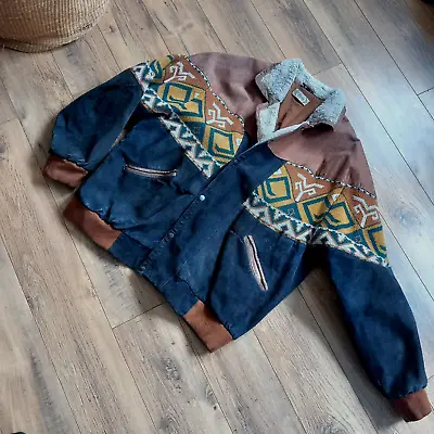 Buy Vintage 80s Suede Leather Navajo Inca Aztec Mens Bomber Fur Lined Jacket Size XL • 76.49£