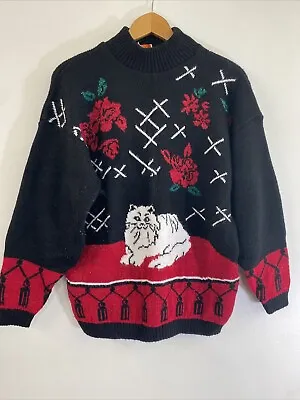 Buy VTG Black And Red Sweater Christmas Cats Granny Embellished • 52.09£