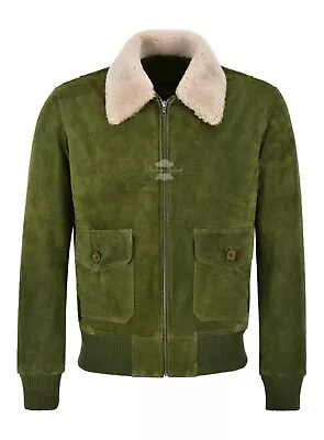 Buy Men Bomber Suede Jacket Olive Fur Collar PILOT TOP GUN Leather Jacket • 129.72£