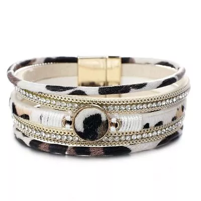 Buy Bohemian Round Charm Leopard Leather Bracelets Women Crystal Wide Wrap Jewelry • 12.17£