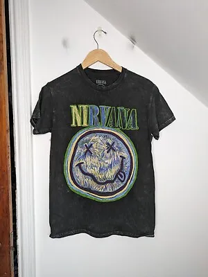 Buy NIRVANA Black Cotton Smiley Face Rainbow Swirl Graphic Band Tee NEW Size S • 18.89£