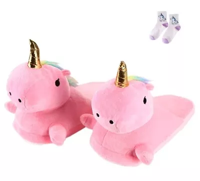 Buy Ladies Adults Plush Pink Unicorn Slippers And Socks Fluffy Size 3-4 Anti Slip • 10£