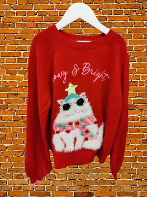 Buy Girls M&s Christmas Jumper Age 11-12 Years Red Knitted Cat Bobble Print 152cm • 9.99£