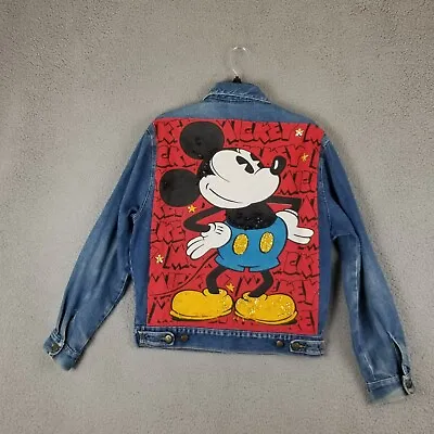 Buy VTG Disney Mickey Mouse Denim Jean Jacket M Distressed Beads Sequins 90s Flaw • 34.03£