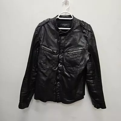 Buy Allsaints Rebell Black Leather Bomber Button Up Shirt Jacket Size Men's Medium • 99.99£
