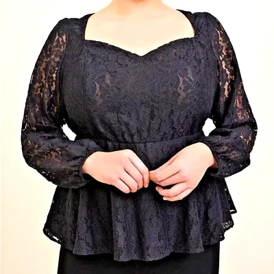 Buy BNWT Torrid Size 2 (18/20) Black Lace Sweetheart Neck Peplum Puff Sleeve Top • 33.82£